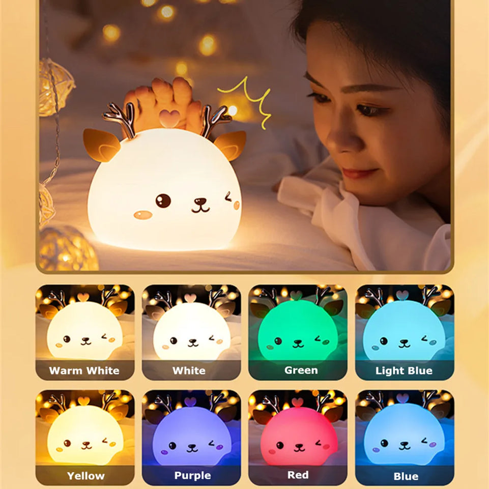Deer LED Night Light Touch Sensor Remote Control Colorful Silicone USB Rechargeable Bedroom Bedside Lamp for Children Baby Gift