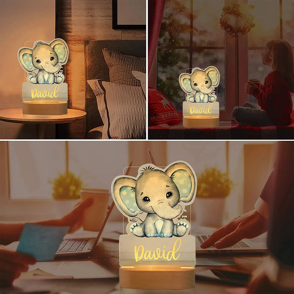 Personalized Elephant Lion LED USB Night Light Custom Name Acrylic Lamp For Kids Children Cute Bedroom Decoration Baby Gift
