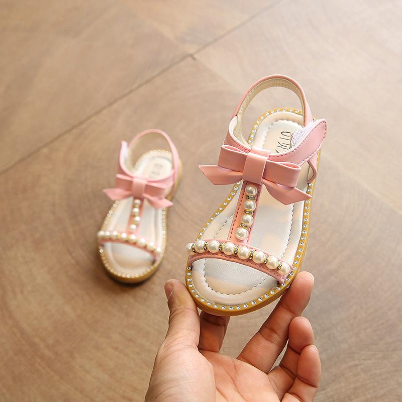 New Summer Kids Sandals Girls Shoes Baby Pearl Princess Sandals Fashion Beading Pu Leather Open Toe Flat Beach Sandals A618