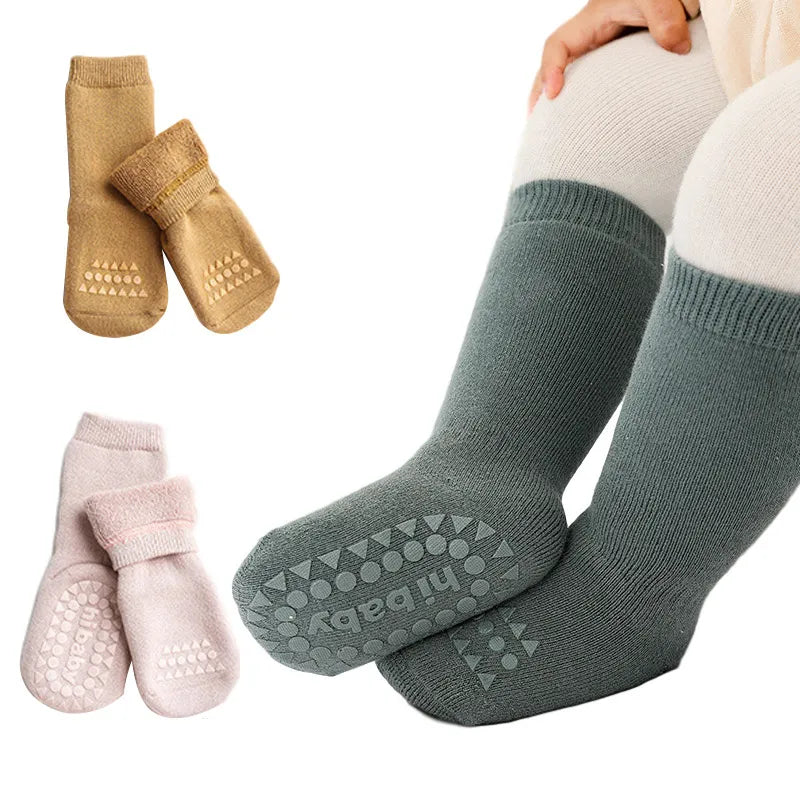 Thickened Kids Socks Baby Floor Socks Boys Girls Pure Color Cotton Warm Non-Slip Newborn Cotton Socks Autumn Winter