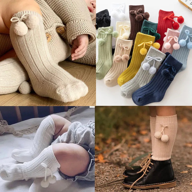 Baby Girls Cherry Ball Knee High Socks Toddler Tube British Style Princess Socks For Newborn Knitted Sock Leg Warmer 0-4 Years